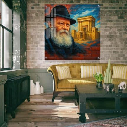 הרבי מלובביץ ברקע בית המקדש בסגנון גרפיטי על קיר לבנים